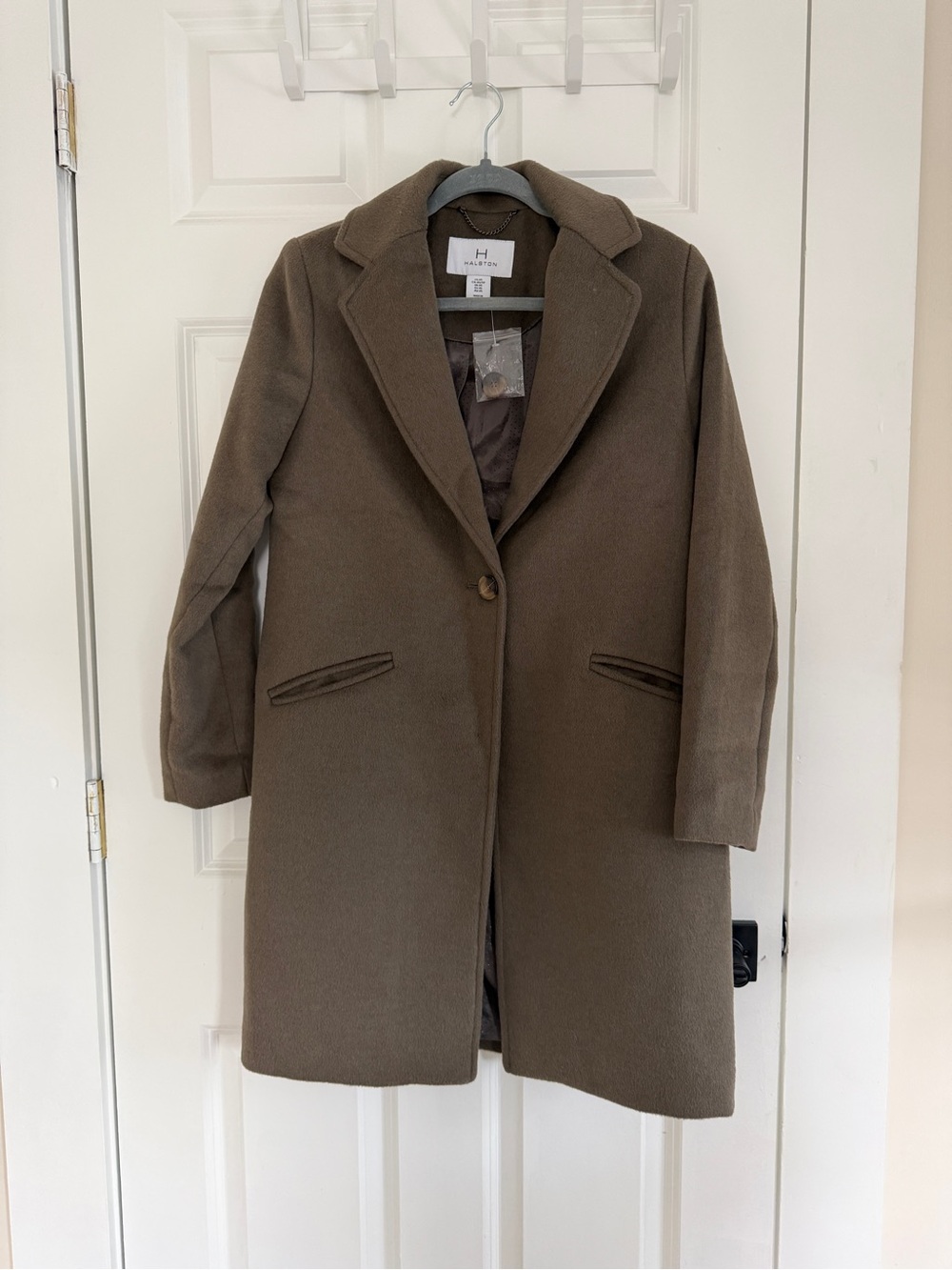 H by Halston Single-Button Wool-Blend Coat in Neutral Muted Olive/Khaki/Brown